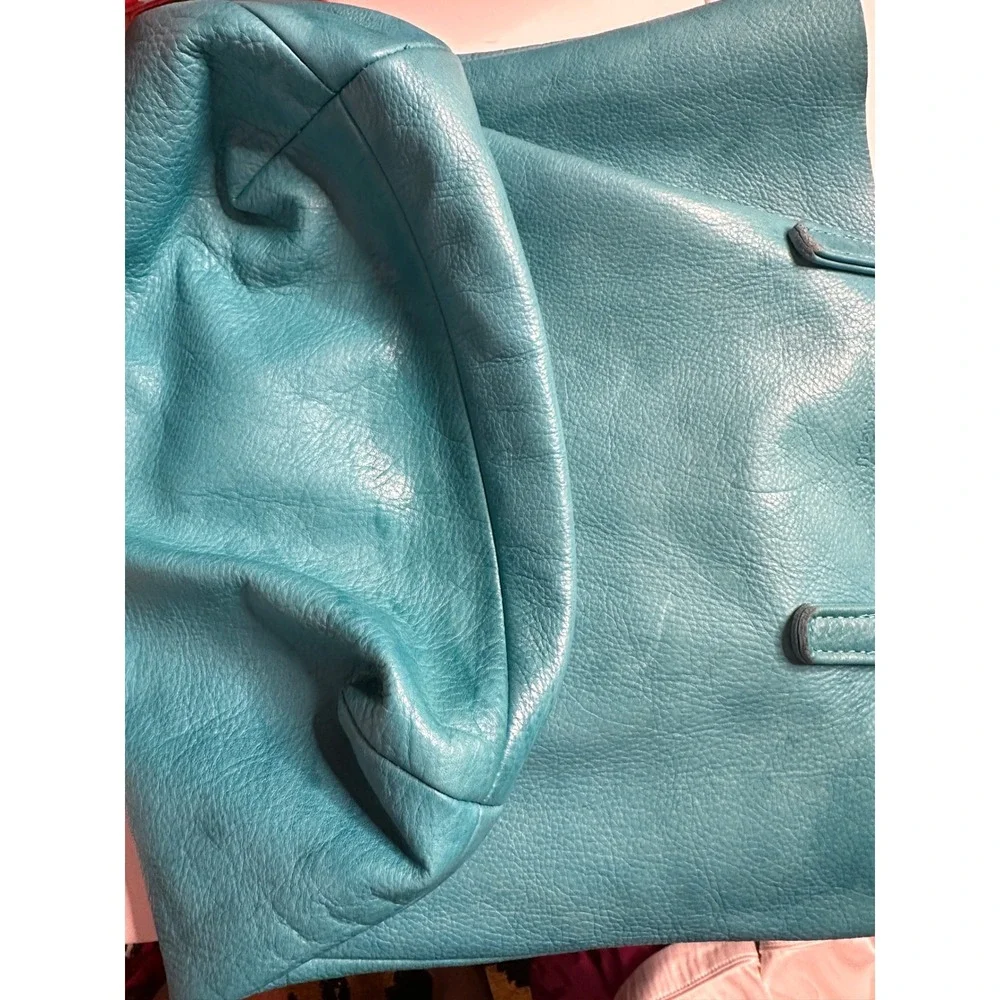 BAGGU Vintage Leather Tote Bag Rare Turquoise Blue